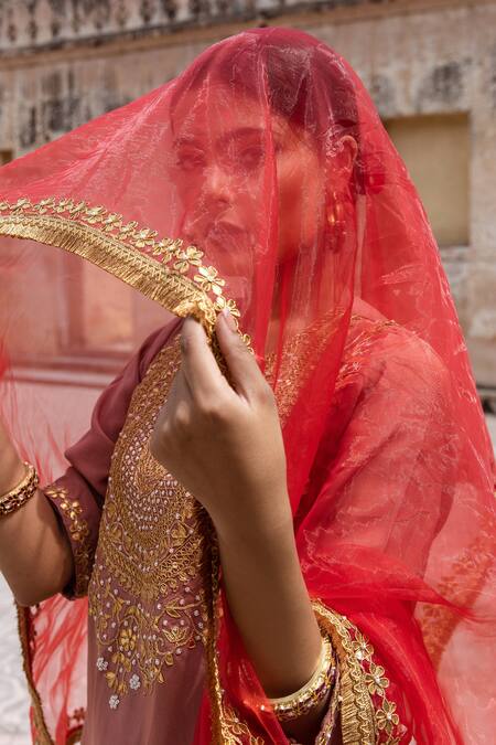 Shop Gulabo Jaipur Peach Muslin, Organza Zari, Embroidery Split Zardozi Kurta Set With Dupatta Online at Aza Fashions Shop_Gulabo Jaipur_Peach Muslin, Organza Zari, Embroidery Split Zardozi Kurta Set With Dupatta _Online_at_Aza_Fashions