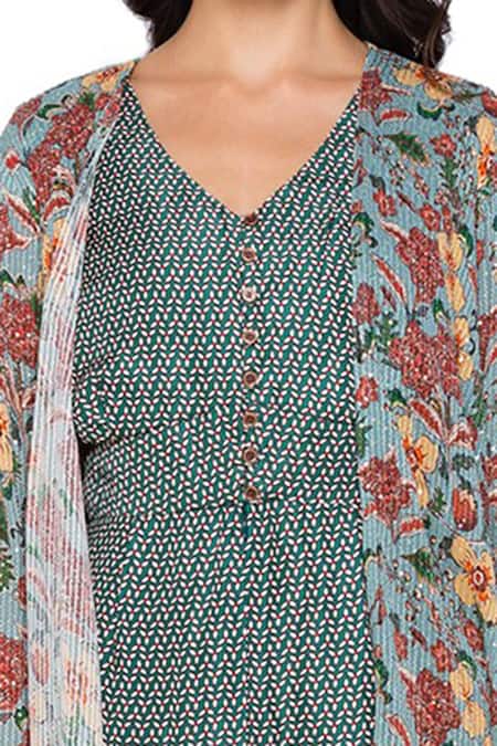 Soup By Sougat Paul_Green Twill, Sequin Fabric V Neck Printed Jumpsuit With Jacket _at_Aza_Fashions