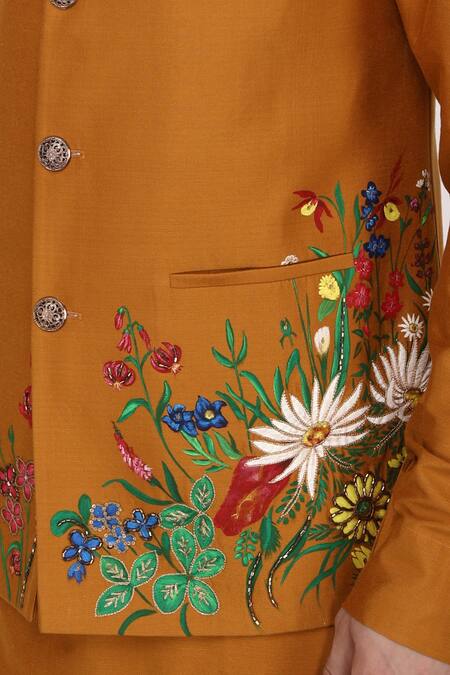 Buy Manish Nagdeo Yellow Cotton Silk Floral Printed Bundi And Kurta Set Online at Aza Fashions Buy_Manish Nagdeo_Yellow Cotton Silk Floral Printed Bundi And Kurta Set _Online_at_Aza_Fashions