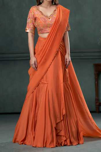 Hirika & Dhruti Tikki Embroidered Pre-Draped Saree Set For Kids