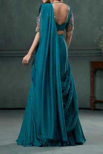 Hirika & Dhruti Tikki Thread Embroidered Pre-Draped Saree Set For Kids