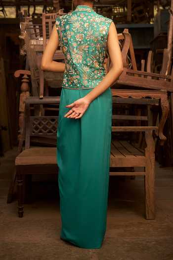 Hirika & Dhruti Turquoise Embroidered Jacket & Draped Skirt Set For Kids