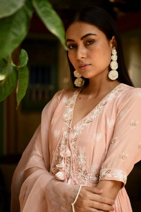 Rekha Agra_Pink Organza, Crinkled Cotton Satin V Neck Printed Anarkali Set _Online_at_Aza_Fashions