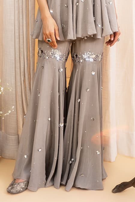 Buy Silky Bindra Grey Crepe, Shantoon, Tulle Net Round Embroidered Peplum Kurta And Sharara Set Online at Aza Fashions Buy_Silky Bindra_Grey Crepe, Shantoon, Tulle Net Round Embroidered Peplum Kurta And Sharara Set _Online_at_Aza_Fashions