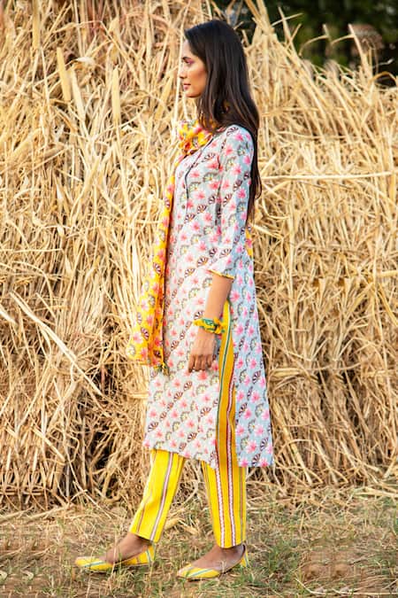 Buy_Rang Swati Vijaivargie_Grey Cotton Satin, Silk Chanderi Round Kurta And Pant Set _Online_at_Aza_Fashions