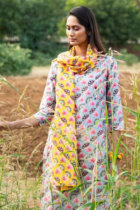 Shop_Rang Swati Vijaivargie_Grey Cotton Satin, Silk Chanderi Round Kurta And Pant Set _Online_at_Aza_Fashions