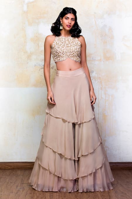 Izzumi Mehta Beige Lehenga Crepe Blouse Organza Round Zardozi Embroidered Set 