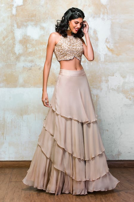 Shop Izzumi Mehta Beige Lehenga Crepe Blouse Organza Round Zardozi Embroidered Set at Aza Fashions Shop_Izzumi Mehta_Beige Lehenga Crepe Blouse Organza Round Zardozi Embroidered Set _at_Aza_Fashions