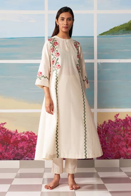 Buy_Ikai By Ragini Ahuja_White Chanderi Round A-line Rose Pattern Kurta_Online_at_Aza_Fashions