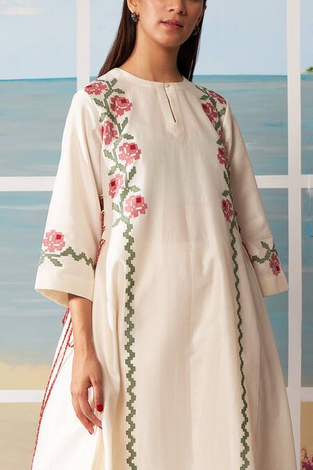 Shop_Ikai By Ragini Ahuja_White Chanderi Round A-line Rose Pattern Kurta_Online_at_Aza_Fashions