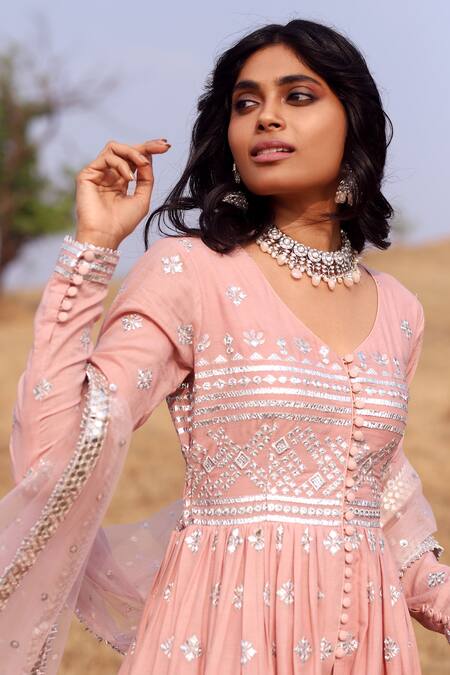 Gopi Vaid Pink Anarkali Silk Dupatta Net Churidar Embroidered Set Online at Aza Fashions Gopi Vaid_Pink Anarkali Silk Dupatta Net Churidar Embroidered Set_Online_at_Aza_Fashions