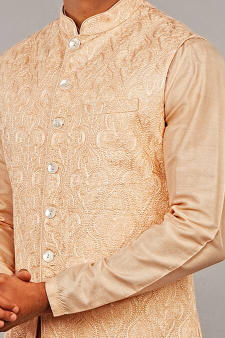 Buy Vanshik Peach Cotton Silk Embroidered Bundi And Kurta Set Online at Aza Fashions Buy_Vanshik_Peach Cotton Silk Embroidered Bundi And Kurta Set _Online_at_Aza_Fashions