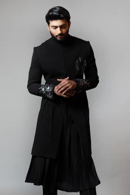 PAARSH_Black Sherwani Jacquard Kurta Silk Trousers Suiting And Set _Online_at_Aza_Fashions