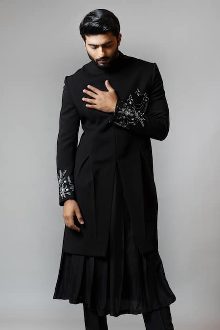 Buy_PAARSH_Black Sherwani Jacquard Kurta Silk Trousers Suiting And Set _Online_at_Aza_Fashions