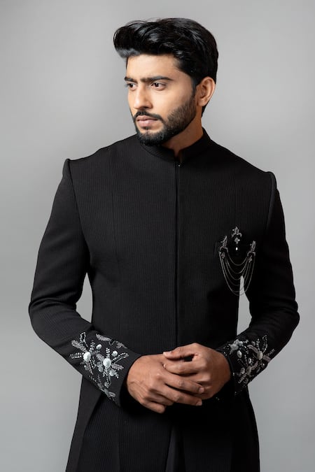 Shop_PAARSH_Black Sherwani Jacquard Kurta Silk Trousers Suiting And Set _Online_at_Aza_Fashions