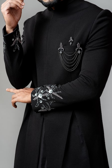 PAARSH_Black Sherwani Jacquard Kurta Silk Trousers Suiting And Set _at_Aza_Fashions