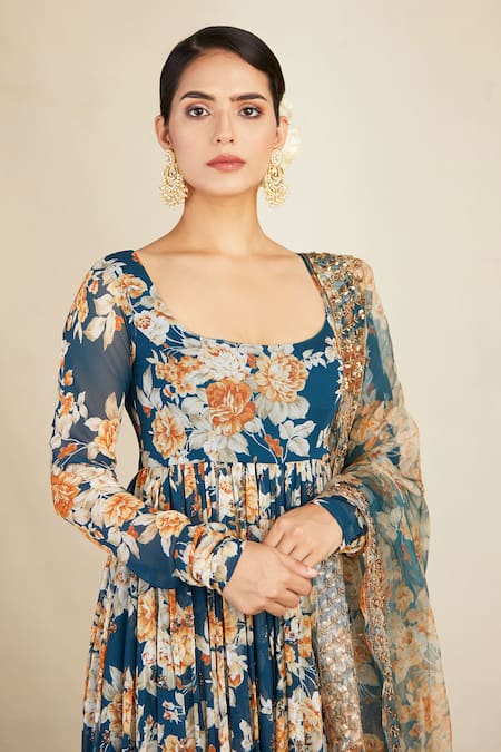 Shop_Astha Narang_Blue Net, Crepe, Georgette U Neck Floral Print Anarkali Sharara Set _Online_at_Aza_Fashions