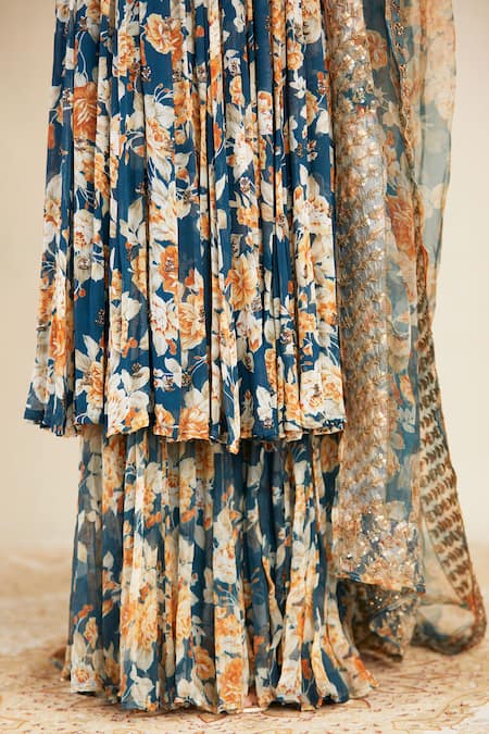Astha Narang_Blue Net, Crepe, Georgette U Neck Floral Print Anarkali Sharara Set _at_Aza_Fashions