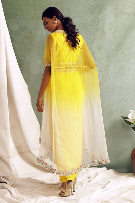 Shop Priyanka Jain Yellow Cape Organza, Skirt Crepe Chanderi V Neck And Draped Set at Aza Fashions Shop_Priyanka Jain_Yellow Cape Organza, Skirt Crepe Chanderi V Neck And Draped Set _at_Aza_Fashions