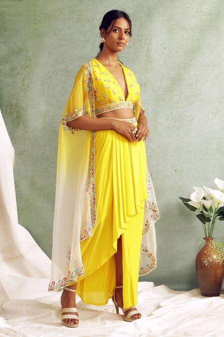 Priyanka Jain Yellow Cape Organza, Skirt Crepe Chanderi V Neck And Draped Set Online at Aza Fashions Priyanka Jain_Yellow Cape Organza, Skirt Crepe Chanderi V Neck And Draped Set _Online_at_Aza_Fashions