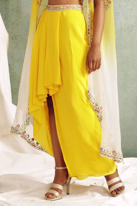 Shop Priyanka Jain Yellow Cape Organza, Skirt Crepe Chanderi V Neck And Draped Set Online at Aza Fashions Shop_Priyanka Jain_Yellow Cape Organza, Skirt Crepe Chanderi V Neck And Draped Set _Online_at_Aza_Fashions