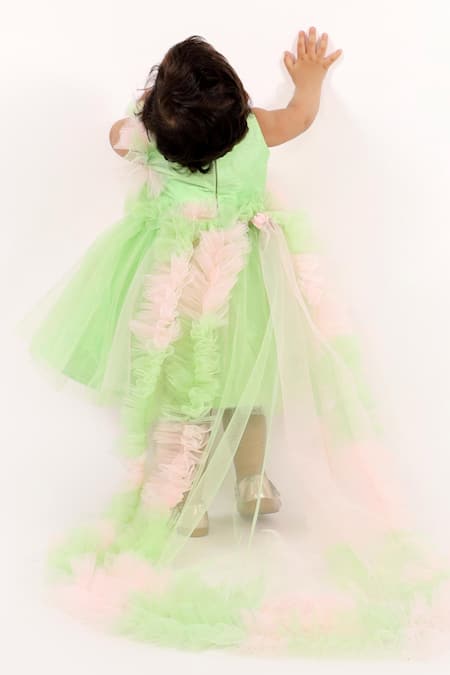 Shop Lil Angels Green Net Fringe, Applique Dress at Aza Fashions Shop_Lil Angels_Green Net Fringe, Applique Dress _at_Aza_Fashions