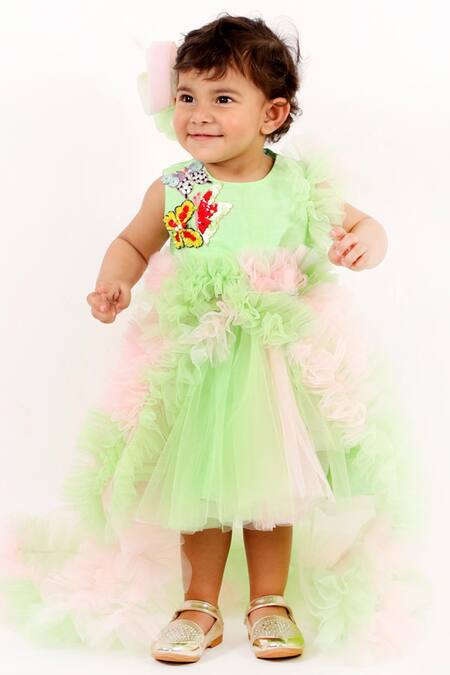 Buy Lil Angels Green Net Fringe, Applique Dress Online at Aza Fashions Buy_Lil Angels_Green Net Fringe, Applique Dress _Online_at_Aza_Fashions