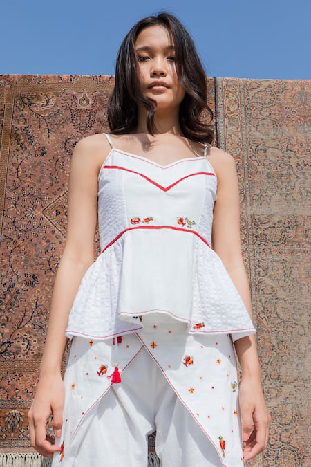 Shop Nikasha White Cotton V Neck Embroidered Cami Peplum Top Online at Aza Fashions Shop_Nikasha_White Cotton V Neck Embroidered Cami Peplum Top _Online_at_Aza_Fashions