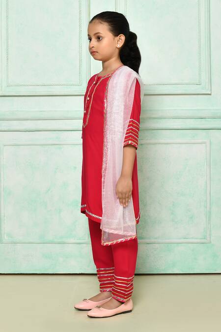 Shop_Banana Bee_Pink Cotton And Net Embroidery Gota Patti Kurta Pant Set_Online_at_Aza_Fashions