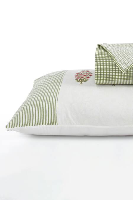 Houmn Green Cotton Printed Conifer Block Queen Bedsheet Set 4
