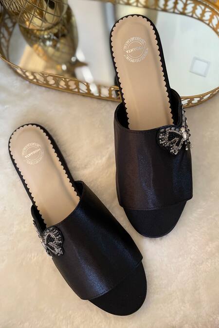 Modanta Footwear_Black Butterfly Patch Embroidered Flats _Online_at_Aza_Fashions