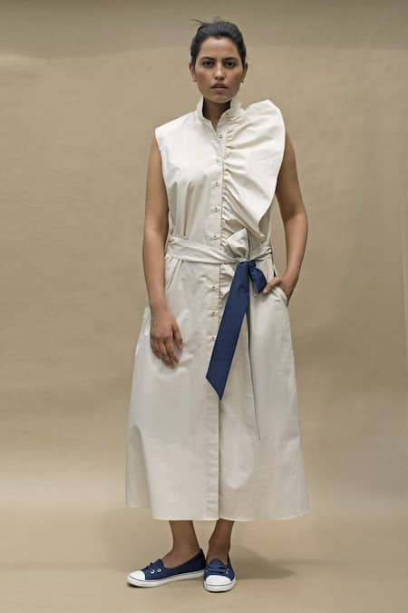 Chillosophy White Cotton Poplin Mandarin Collar Ruffle Maxi Dress Online at Aza Fashions Chillosophy_White Cotton Poplin Mandarin Collar Ruffle Maxi Dress _Online_at_Aza_Fashions