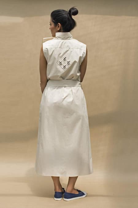 Shop Chillosophy White Cotton Poplin Mandarin Collar Ruffle Maxi Dress at Aza Fashions Shop_Chillosophy_White Cotton Poplin Mandarin Collar Ruffle Maxi Dress _at_Aza_Fashions