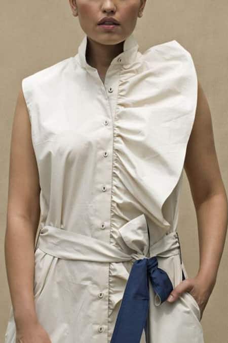 Buy Chillosophy White Cotton Poplin Mandarin Collar Ruffle Maxi Dress Online at Aza Fashions Buy_Chillosophy_White Cotton Poplin Mandarin Collar Ruffle Maxi Dress _Online_at_Aza_Fashions