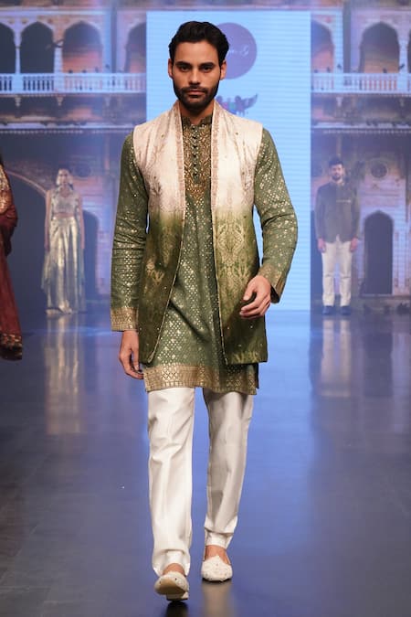 Buy_Soniya G_Green Silk Blend Foil Print Jacket Kurta Set _Online_at_Aza_Fashions