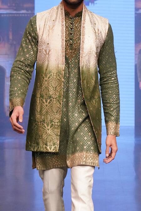 Soniya G Green Silk Blend Foil Print Jacket Kurta Set at Aza Fashions Soniya G_Green Silk Blend Foil Print Jacket Kurta Set _at_Aza_Fashions