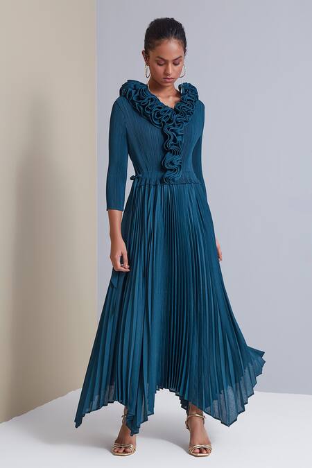 Buy Scarlet Sage Blue 100% Polyester Ruffle Abigail Pleated Dress at Aza Fashions Buy_Scarlet Sage_Blue 100% Polyester Ruffle Abigail Pleated Dress_at_Aza_Fashions