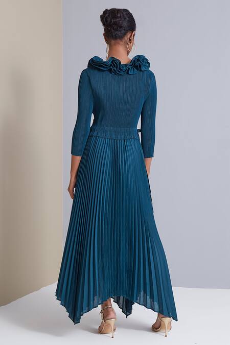 Shop Scarlet Sage Blue 100% Polyester Ruffle Abigail Pleated Dress at Aza Fashions Shop_Scarlet Sage_Blue 100% Polyester Ruffle Abigail Pleated Dress_at_Aza_Fashions