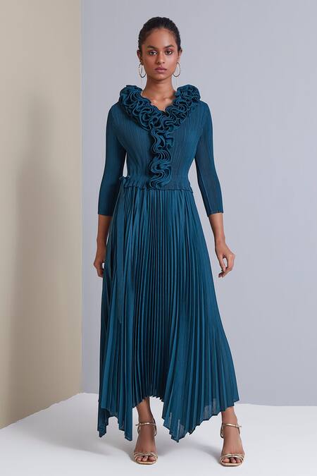 Scarlet Sage Blue 100% Polyester Ruffle Abigail Pleated Dress Online at Aza Fashions Scarlet Sage_Blue 100% Polyester Ruffle Abigail Pleated Dress_Online_at_Aza_Fashions