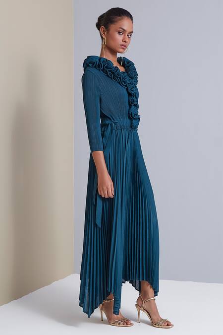 Buy Scarlet Sage Blue 100% Polyester Ruffle Abigail Pleated Dress Online at Aza Fashions Buy_Scarlet Sage_Blue 100% Polyester Ruffle Abigail Pleated Dress_Online_at_Aza_Fashions