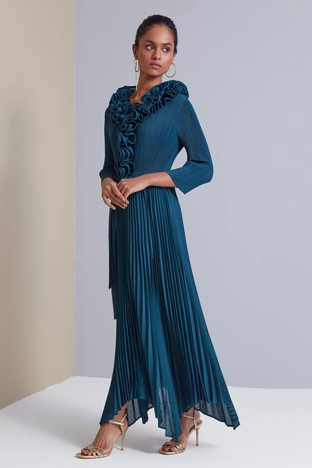 Shop Scarlet Sage Blue 100% Polyester Ruffle Abigail Pleated Dress Online at Aza Fashions Shop_Scarlet Sage_Blue 100% Polyester Ruffle Abigail Pleated Dress_Online_at_Aza_Fashions