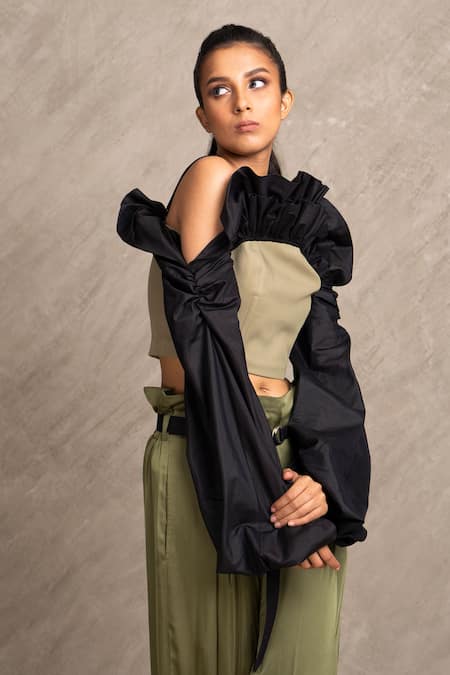 Buy_Chillosophy_Black Cotton Silk, European Crepe Cold Shoulder Ruffle Corset Crop Top_Online_at_Aza_Fashions