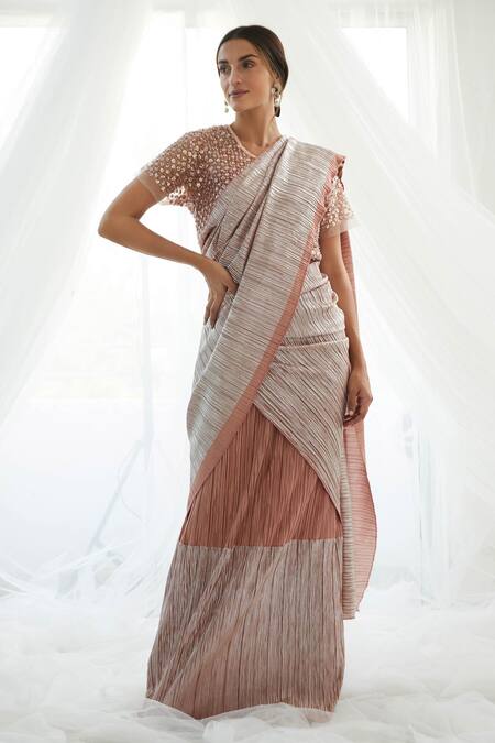 Silver Gray & Pink Woven Linen Silk Saree - Urban Womania