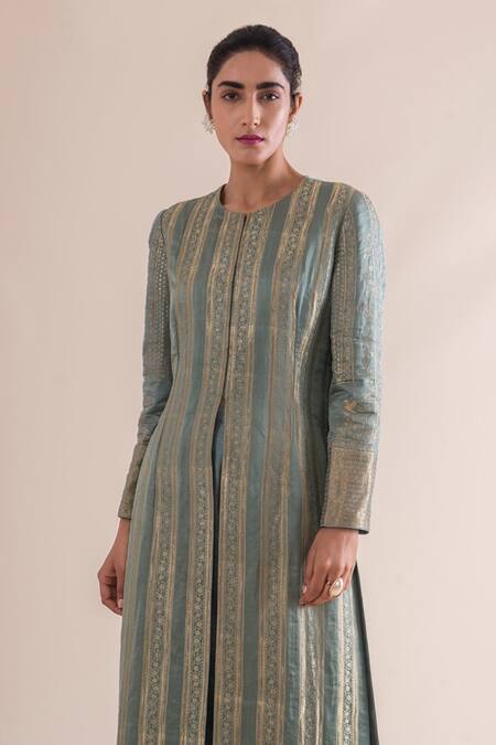 Ekaya Banaras_Green Silk Round Handwoven Kurta Set_Online_at_Aza_Fashions