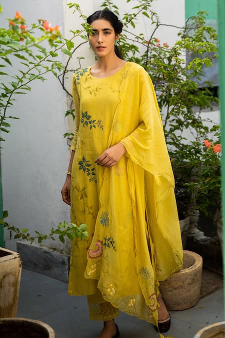 Buy Yellow Cotton Chanderi Kurta Set For Women by Vaayu Online at Aza ...