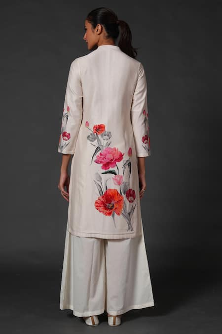Shop Balance By Rohit Bal White Chanderi Floral Mandarin Collar Print Tunic And Palazzo Set at Aza Fashions Shop_Balance By Rohit Bal_White Chanderi Floral Mandarin Collar Print Tunic And Palazzo Set _at_Aza_Fashions