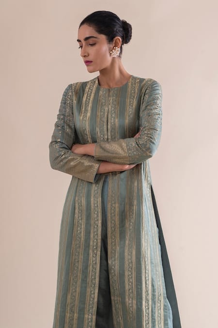 Ekaya Banaras Green Silk Round Handwoven Kurta Set  