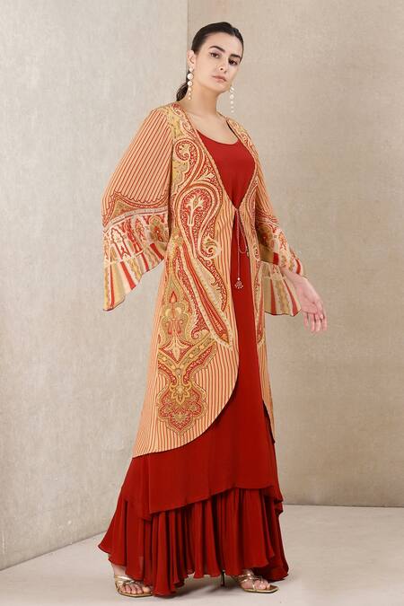 Ritu Kumar_Beige Rayon Crepe Jamawar Tunic Round Print Jacket With _Online_at_Aza_Fashions