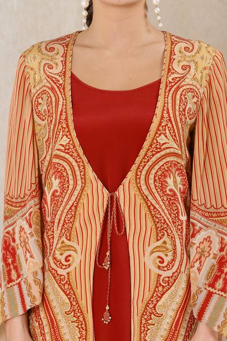 Ritu Kumar_Beige Rayon Crepe Jamawar Tunic Round Print Jacket With _at_Aza_Fashions