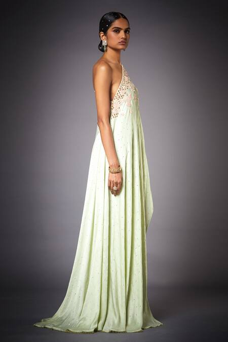 RI.Ritu Kumar_Gold Floral, Thread Asymmetric One Shoulder Cape With Draped Pant _Online_at_Aza_Fashions